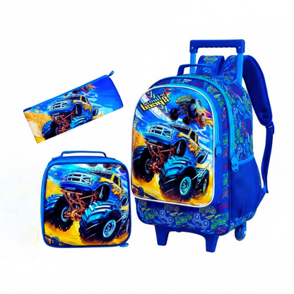 Backpack, lunch bag, and pencil case with monster truck design on a white background