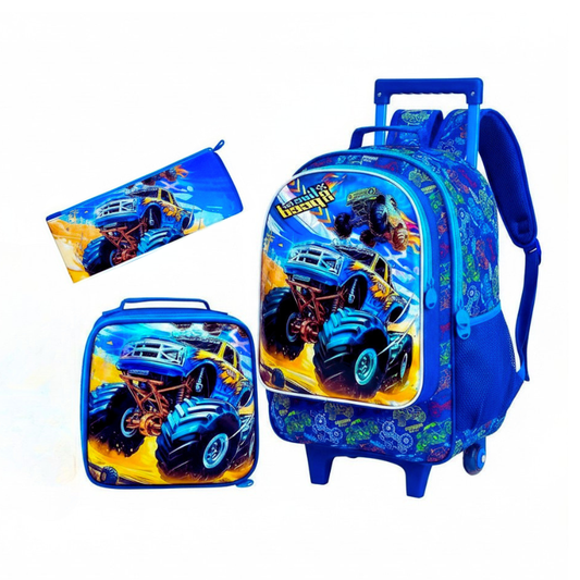 Backpack, lunch bag, and pencil case with monster truck design on a white background