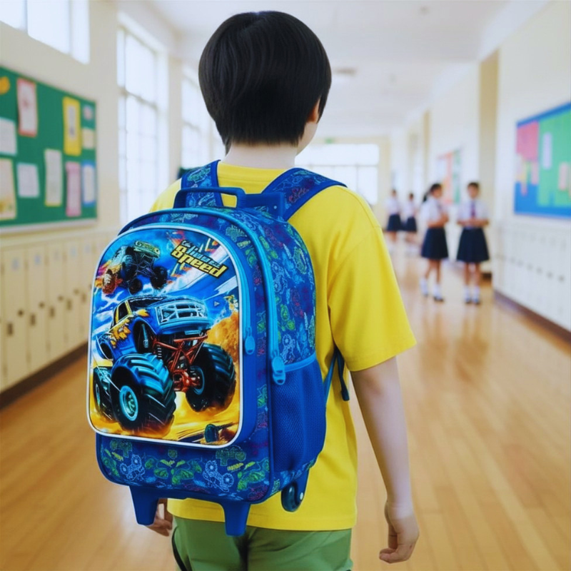 Child wearing a blue backpack with a monster truck design in a school hallway.