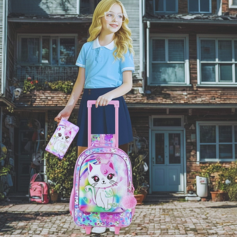 Girl holding a pink backpack with a cat design in front of a house.