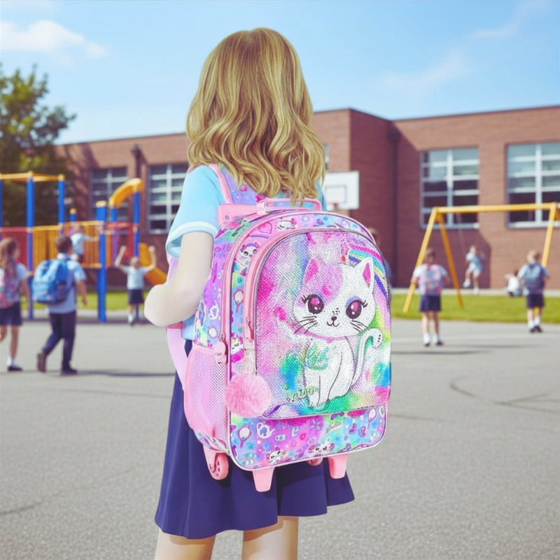 Child with a colorful backpack featuring a cat design on a school playground.