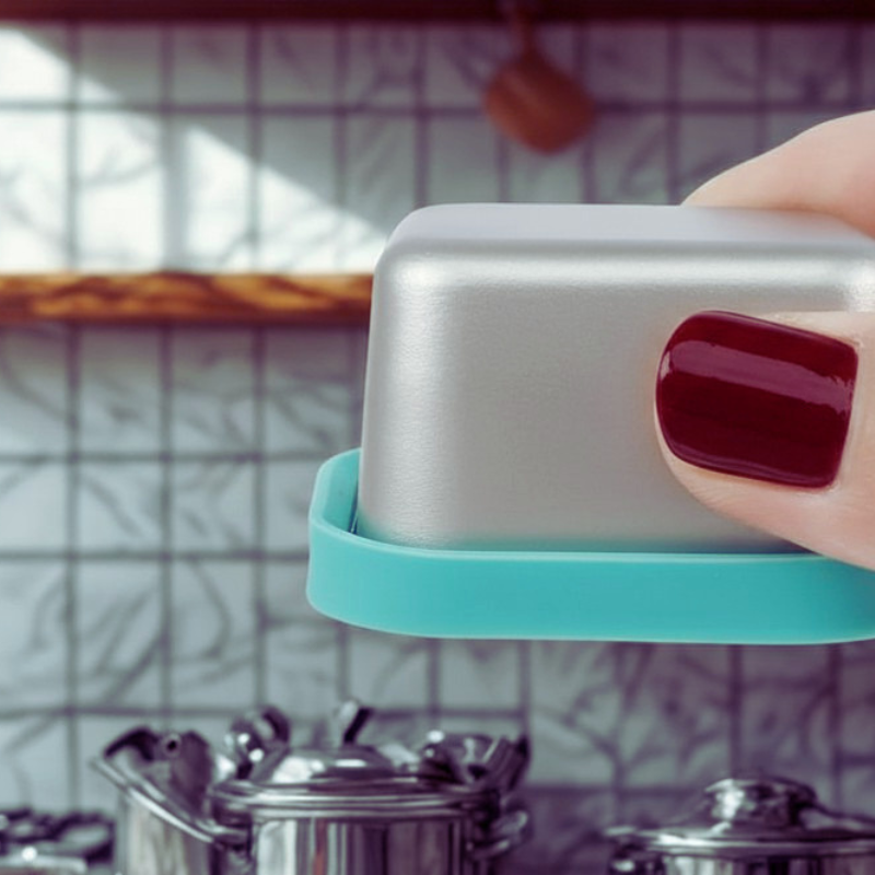 Hand holding a metallic container with a turquoise lid in a kitchen setting