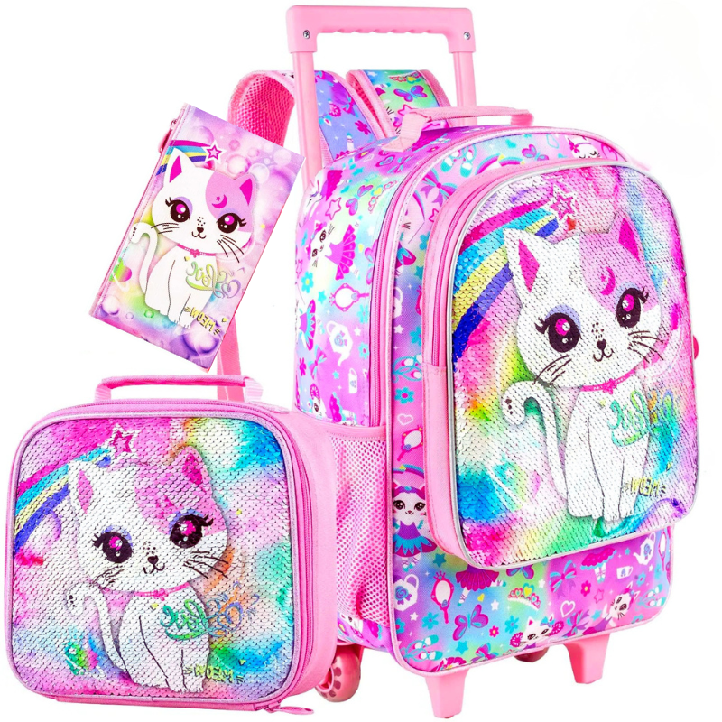 Children's backpack with cat design on a white background