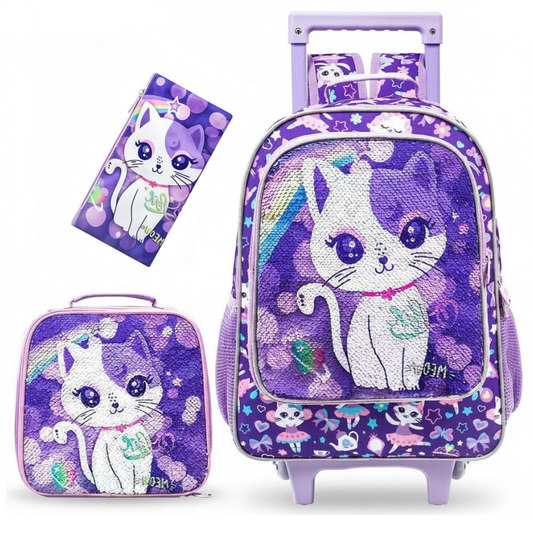 Purple cat-themed school backpack with matching lunch bag and pouch on a white background
