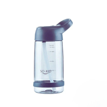 Clear water bottle with blue lid and base on a white background