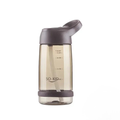 Clear water bottle with brown lid and grip on a white background