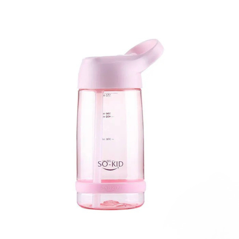 Pink water bottle with a lid on a white background